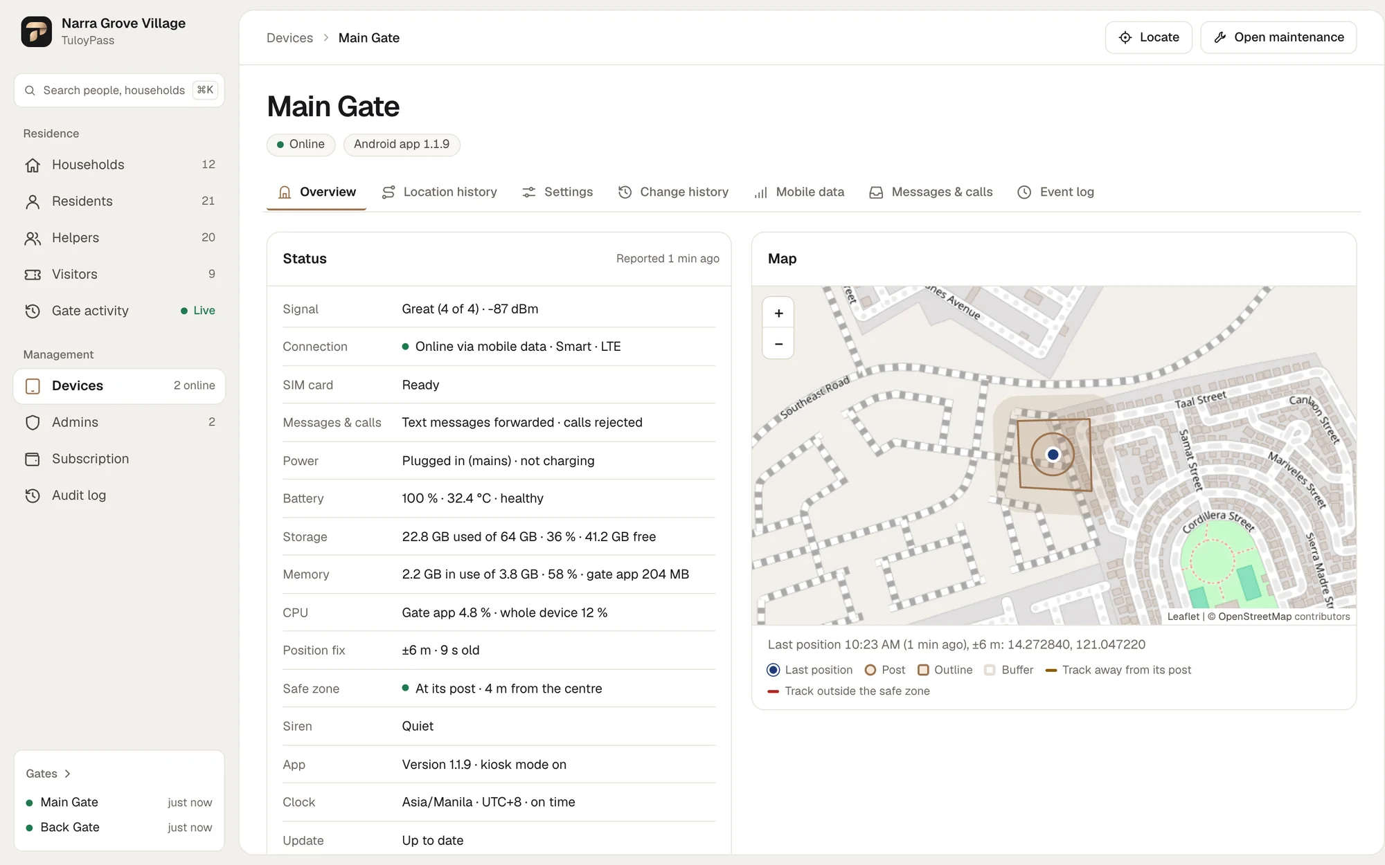 The admin’s page of the Main Gate: online via mobile data, battery, storage, memory, the safe zone at its post, and a map with the post and the outline of the village.