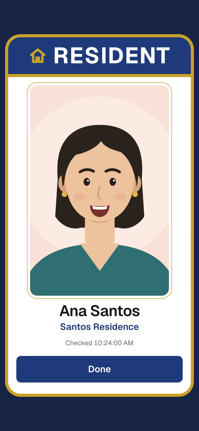RESIDENT: Ana Santos of Santos Residence, on a navy card with a gold edge.