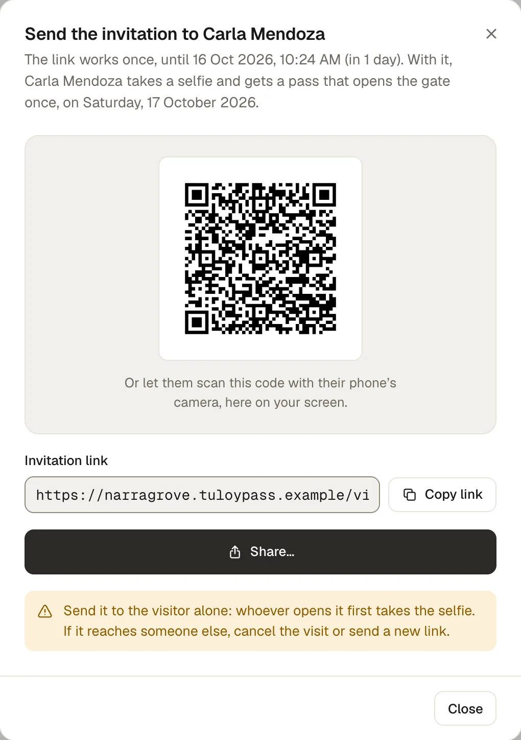 The homeowner’s invitation for Carla Mendoza: a QR code to scan, the link, Copy link and Share.